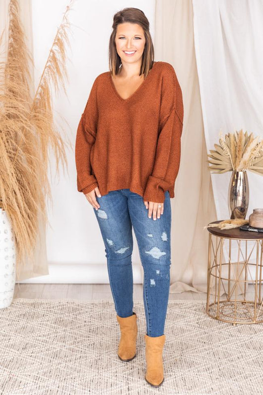 LIVING MY BEST STYLE X PINK LILY Boston College V-Neck Terracotta Sweater