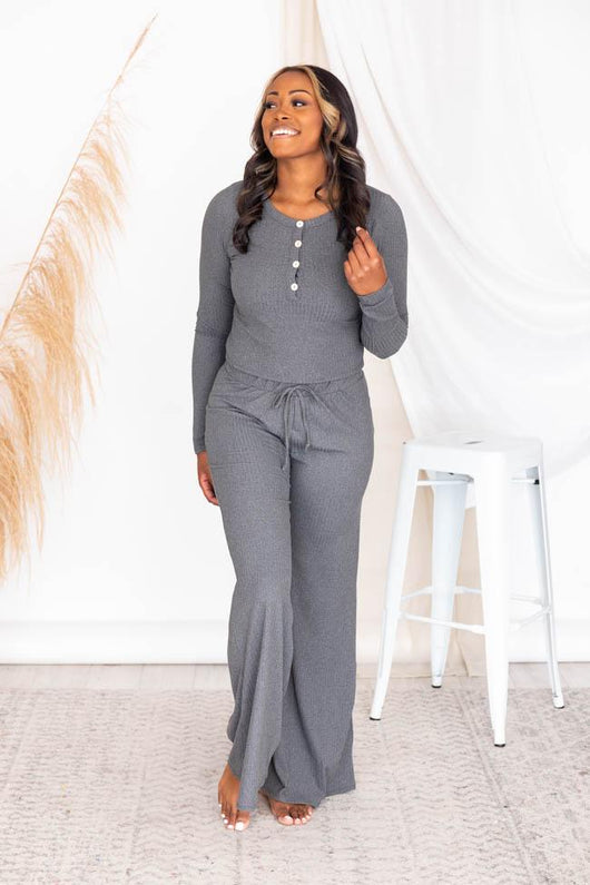 Casually Cool Charcoal Cropped Ribbed Henley Blouse