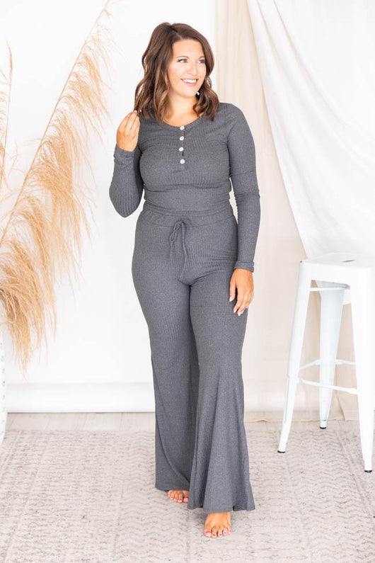 Casually Cool Charcoal Ribbed Flare Pants