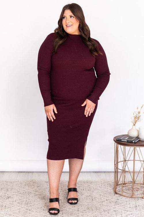 Any Other Night Wine Mock Neck Ribbed Midi Dress