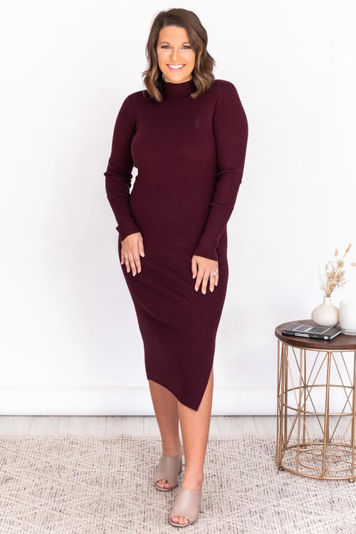 Any Other Night Wine Mock Neck Ribbed Midi Dress