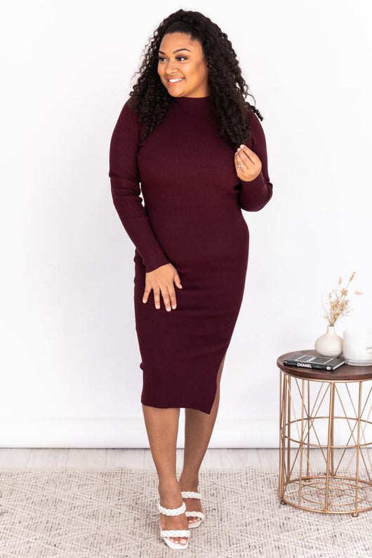 Any Other Night Wine Mock Neck Ribbed Midi Dress