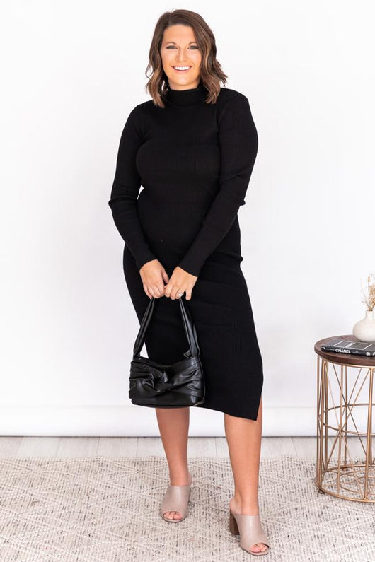 Any Other Night Black Mock Neck Ribbed Midi Dress