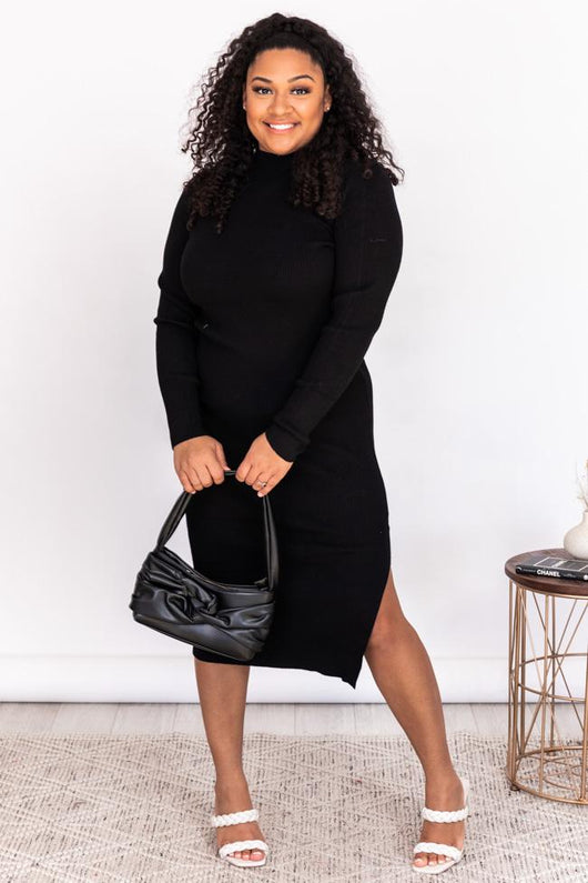 Any Other Night Black Mock Neck Ribbed Midi Dress