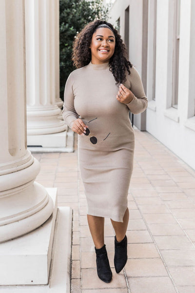 Any Other Night Taupe Mock Neck Ribbed Midi Dress