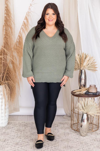 Keep On Smiling V-Neck Sage Sweater