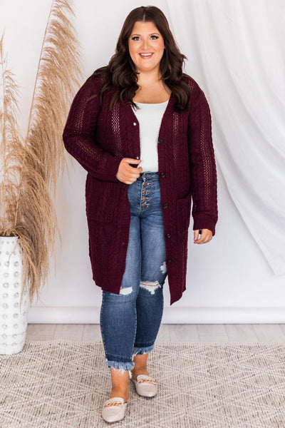 Chance To Change Wine Cable Knit Cardigan