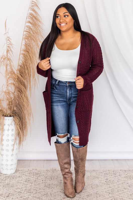 Chance To Change Wine Cable Knit Cardigan