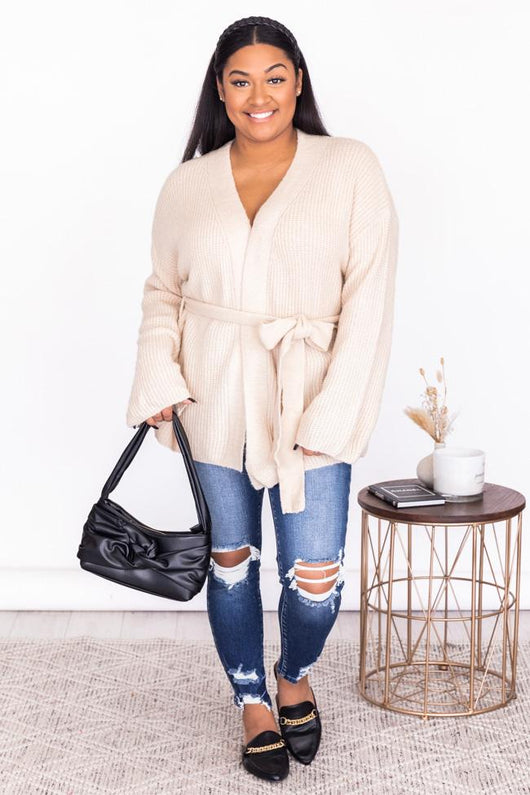 Distracted By You Oatmeal Wrap Tie Cardigan
