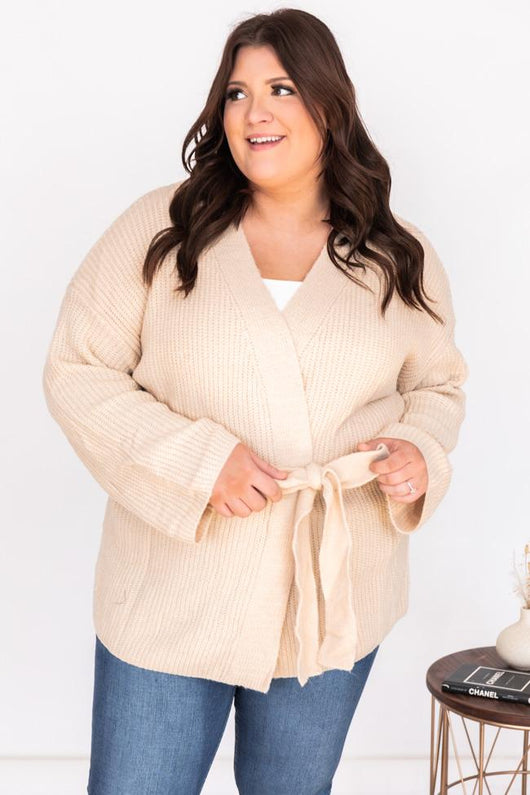 Distracted By You Oatmeal Wrap Tie Cardigan