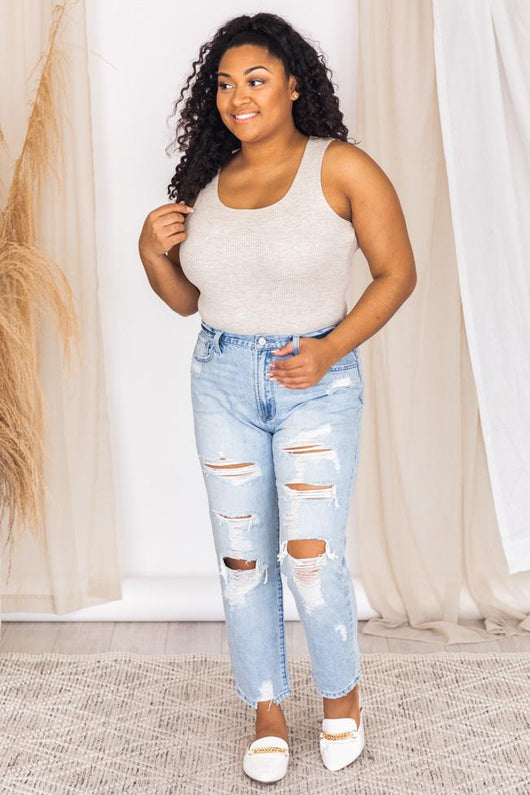 Melinda Raw Hem Light Wash Distressed Mom Jeans