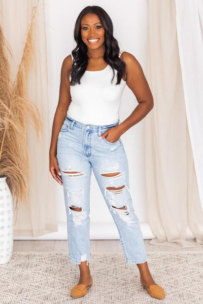 Melinda Raw Hem Light Wash Distressed Mom Jeans