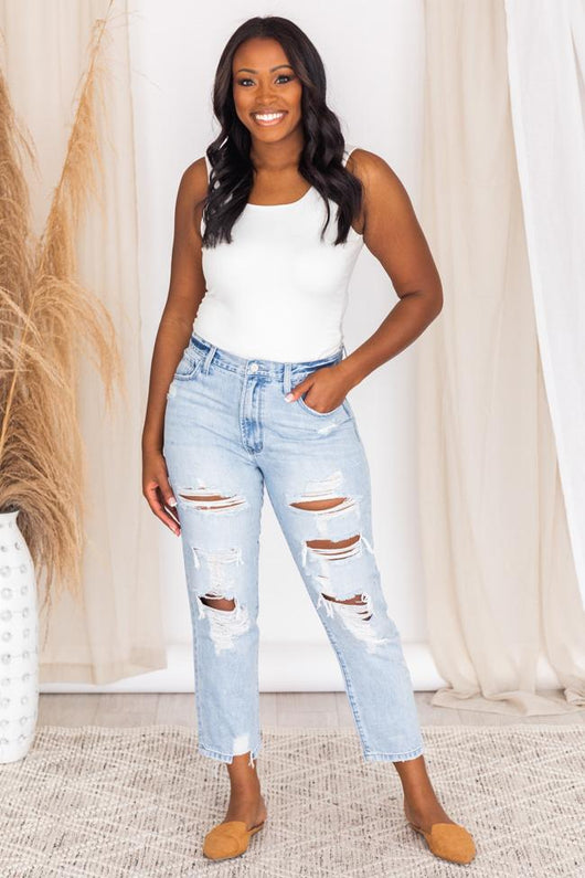 Melinda Raw Hem Light Wash Distressed Mom Jeans