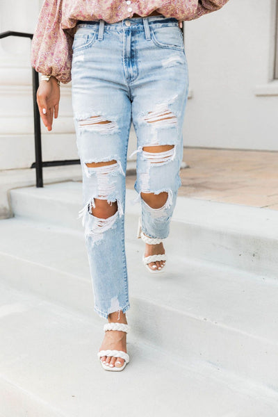 Melinda Raw Hem Light Wash Distressed Mom Jeans
