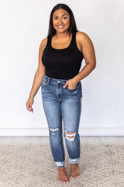 Ember Dark Wash Cuffed Hem Distressed Mom Jeans