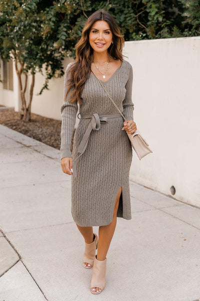 Before We Met Olive Cable Knit Belted Midi Dress FINAL SALE
