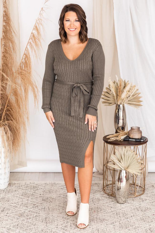 Before We Met Olive Cable Knit Belted Midi Dress FINAL SALE