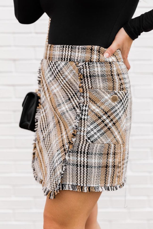 Blame Your Past Tan Fringe Plaid Skirt
