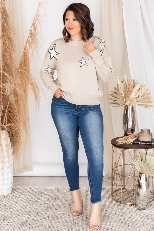 Look Into The Future Beige Star Printed Sweater