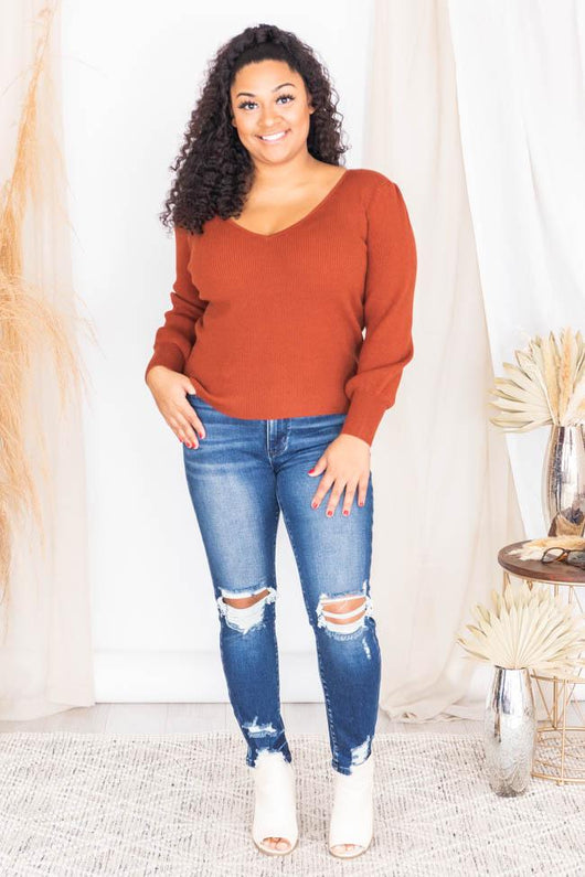 Confide In You Rust V-Neck Sweater