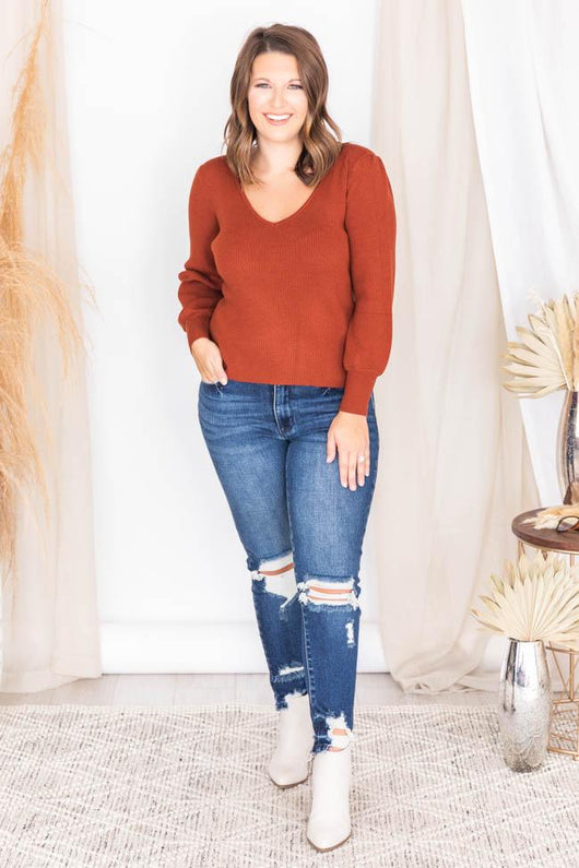 Confide In You Rust V-Neck Sweater