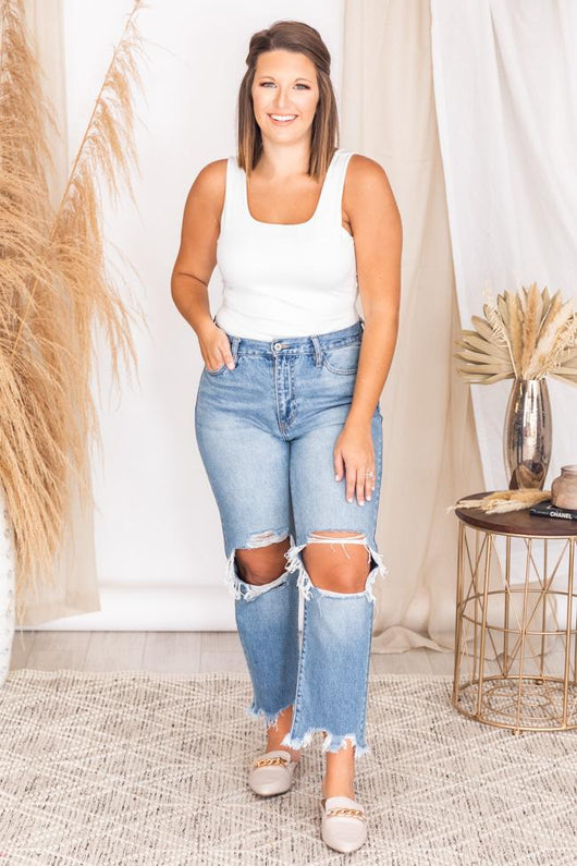 Trinity Medium Wash Distressed Mom Jeans