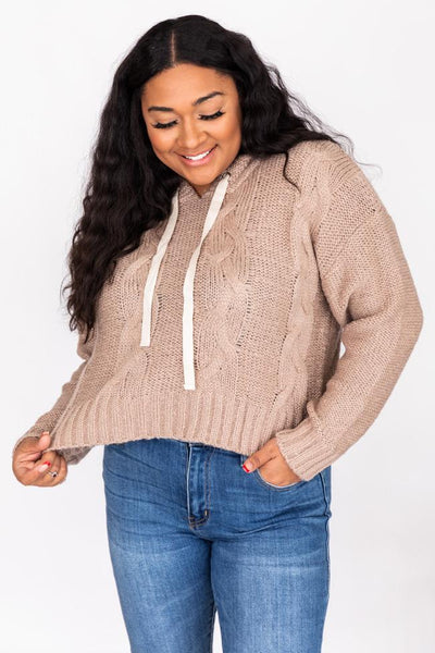 Cozy Campfire Beige Cable Knit Hoodie Sweater