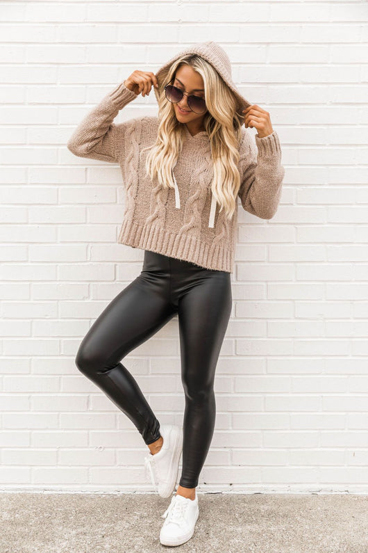 Cozy Campfire Beige Cable Knit Hoodie Sweater
