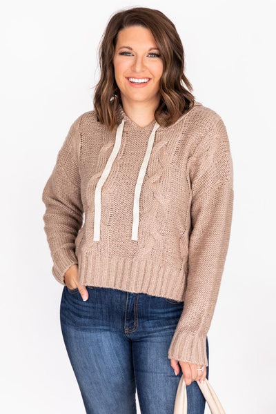 Cozy Campfire Beige Cable Knit Hoodie Sweater