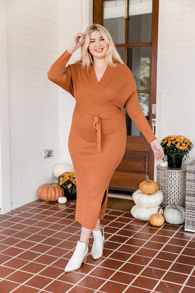 Main Event Rust Wrap Sweater Dress FINAL SALE