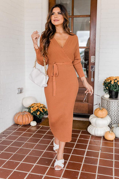 Main Event Rust Wrap Sweater Dress FINAL SALE