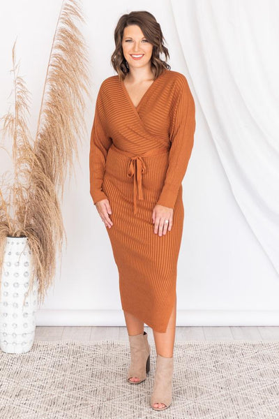 Main Event Rust Wrap Sweater Dress FINAL SALE
