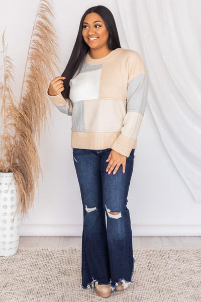 Following Fate Beige Textured Colorblock Sweater FINAL SALE