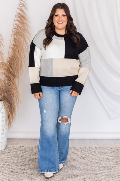 Following Fate Black Textured Colorblock Sweater