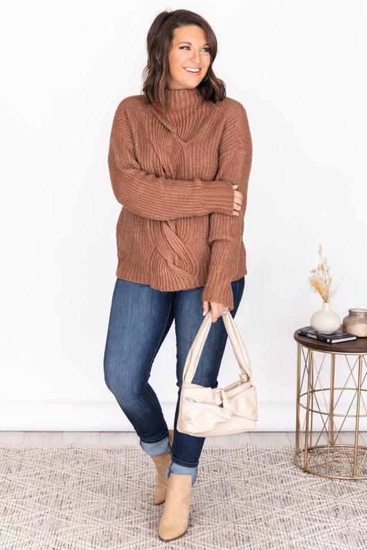 Just A Theory Brown Cable Knit Turtleneck Sweater FINAL SALE