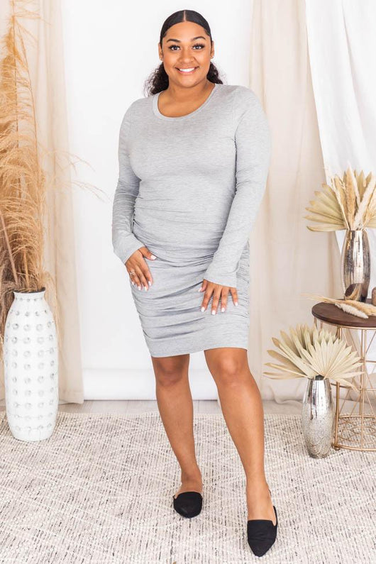 Together At Last Ruched Knit Midi Grey Dress