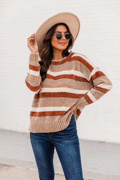 Grand Enthusiasm Brown Chenille Striped Sweater