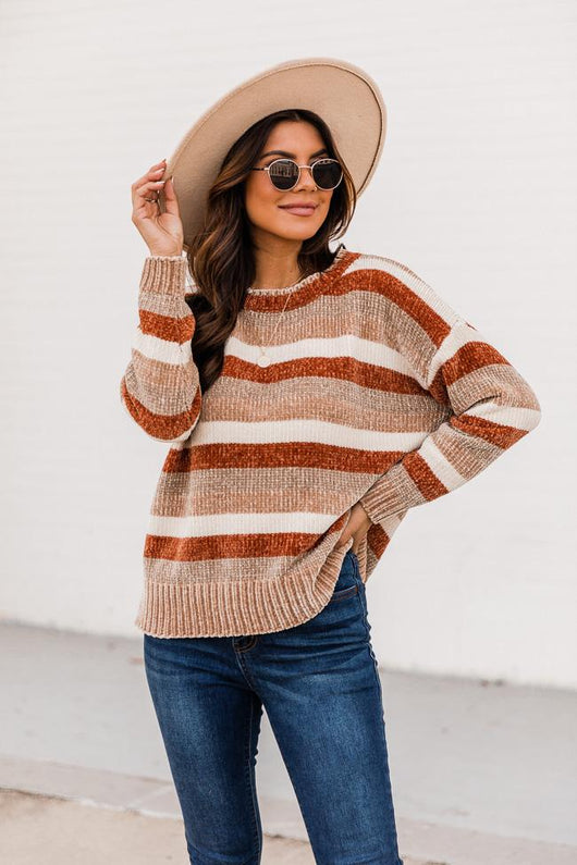 Grand Enthusiasm Brown Chenille Striped Sweater