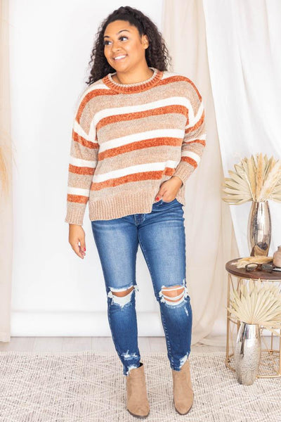 Grand Enthusiasm Brown Chenille Striped Sweater