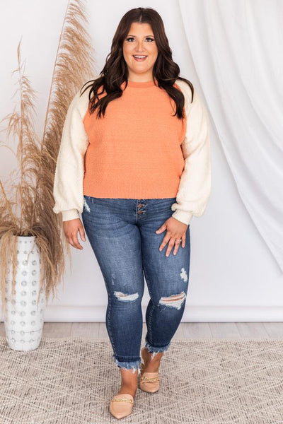 Ideal Wish Orange Textured Colorblock Sweater