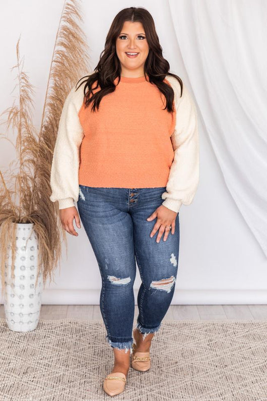 Ideal Wish Orange Textured Colorblock Sweater