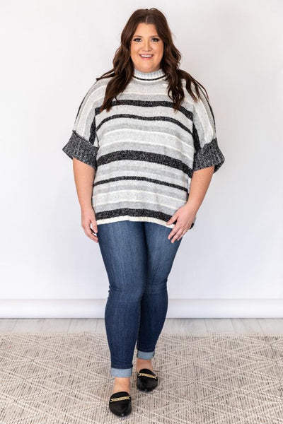 Figure The Best Grey Striped Poncho Sweater