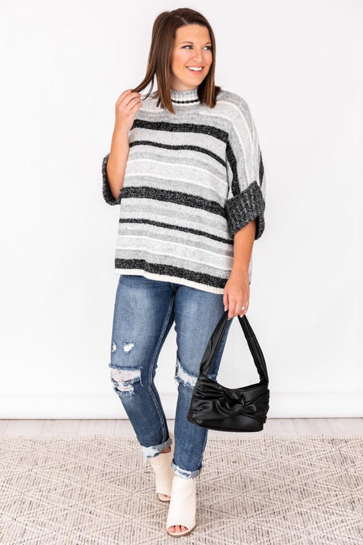 Figure The Best Grey Striped Poncho Sweater