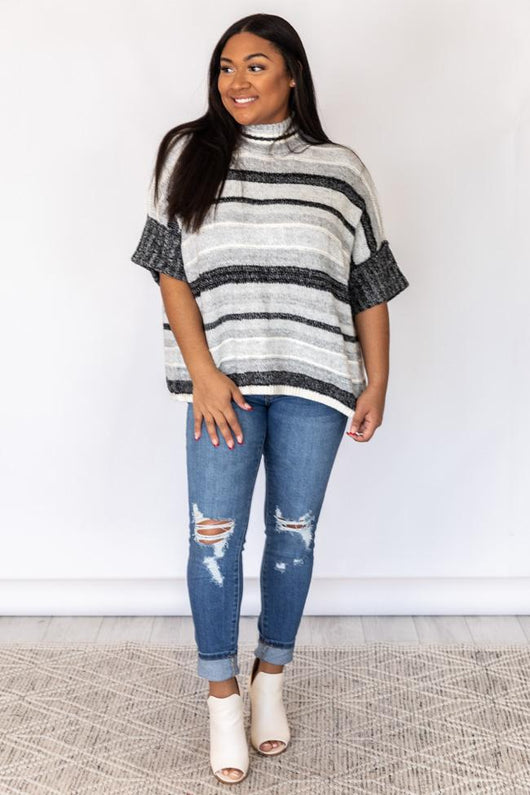 Figure The Best Grey Striped Poncho Sweater