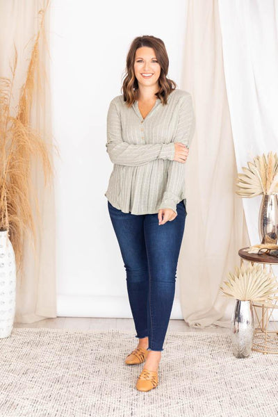 Here To Stay Pointelle Knit Sage Blouse