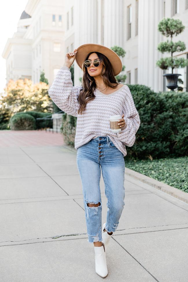Inspiring Quote Tan Striped Textured Sweater