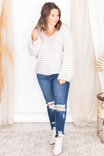 Inspiring Quote Tan Striped Textured Sweater