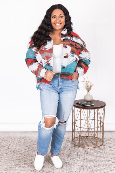 Only Beliefs Teal Southwestern Print Jacket