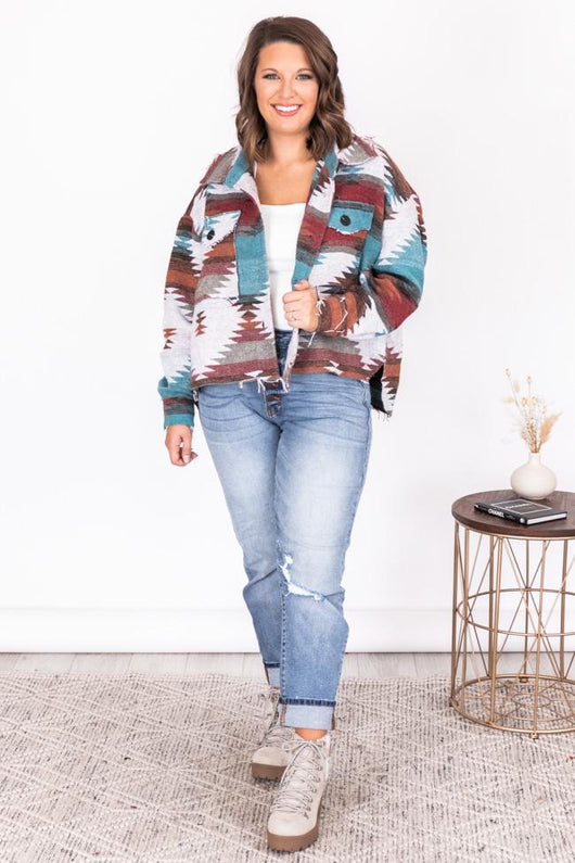 Only Beliefs Teal Southwestern Print Jacket