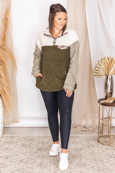 Fireside With You Olive Camo Sherpa Pullover